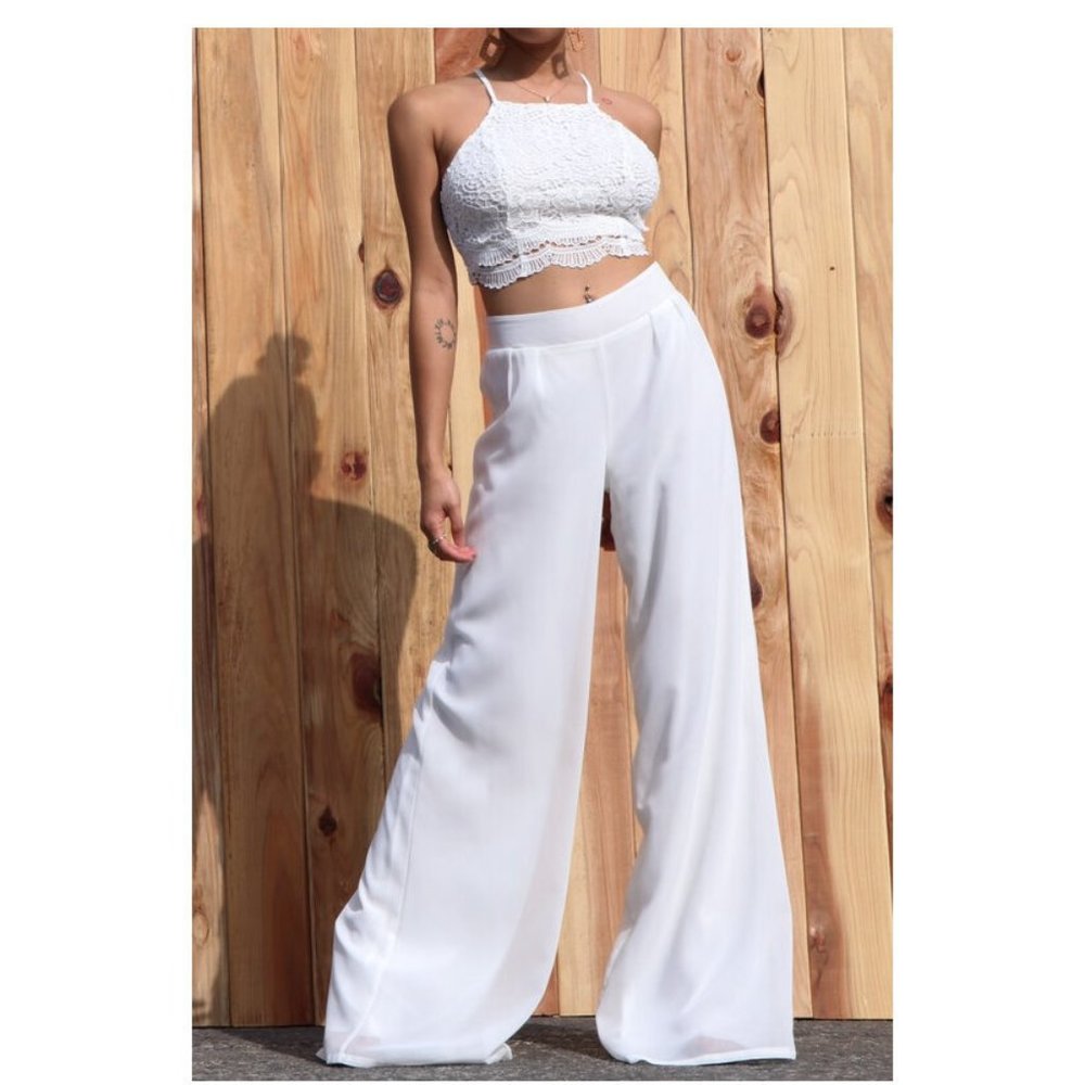 Boho White Crochet Lace Strappy Back Top Wide Leg Pants Set 2 Piece Outfit